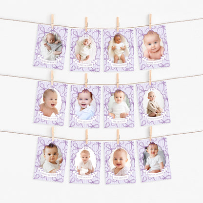 Purple Coquette Bow 1st Birthday Milestone Banner Template, Editable Lavender Birthday Kit Printable Hand-Drawn Bows Digital Download WP1063