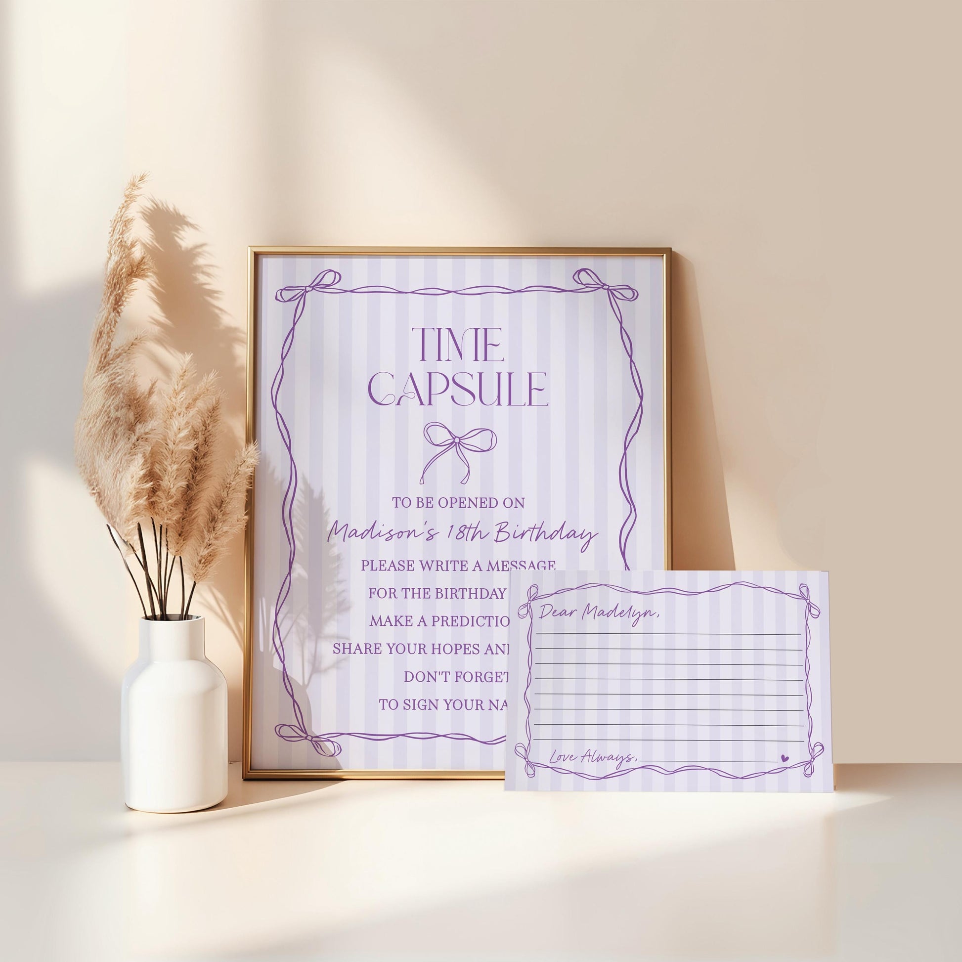 Purple Coquette Bow Time Capsule Template, Editable Lavender Birthday Kit, Printable Hand-Drawn Bows, Digital Download WP1063