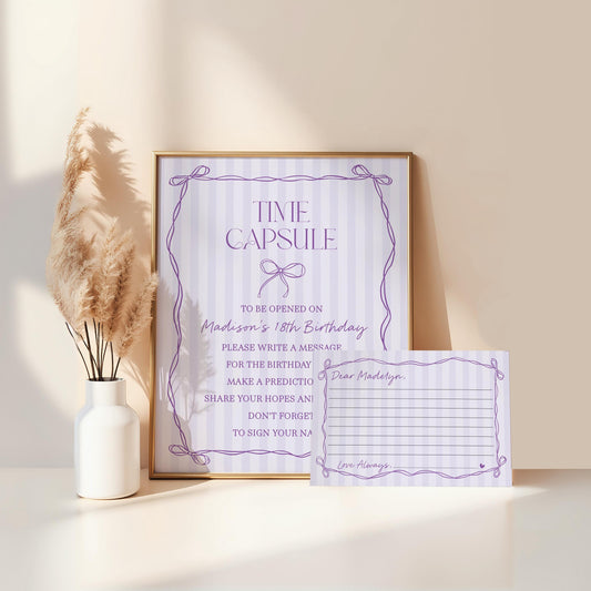 Purple Coquette Bow Time Capsule Template, Editable Lavender Birthday Kit, Printable Hand-Drawn Bows, Digital Download WP1063