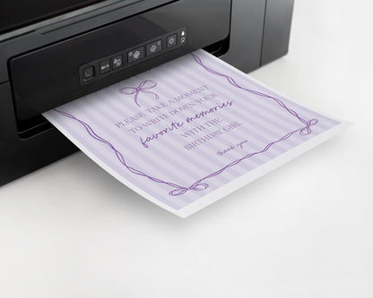Purple Coquette Bow Favorite Memories Birthday Girl Template, Editable Lavender Birthday Kit, Printable Hand-Drawn Bow Download WP1063