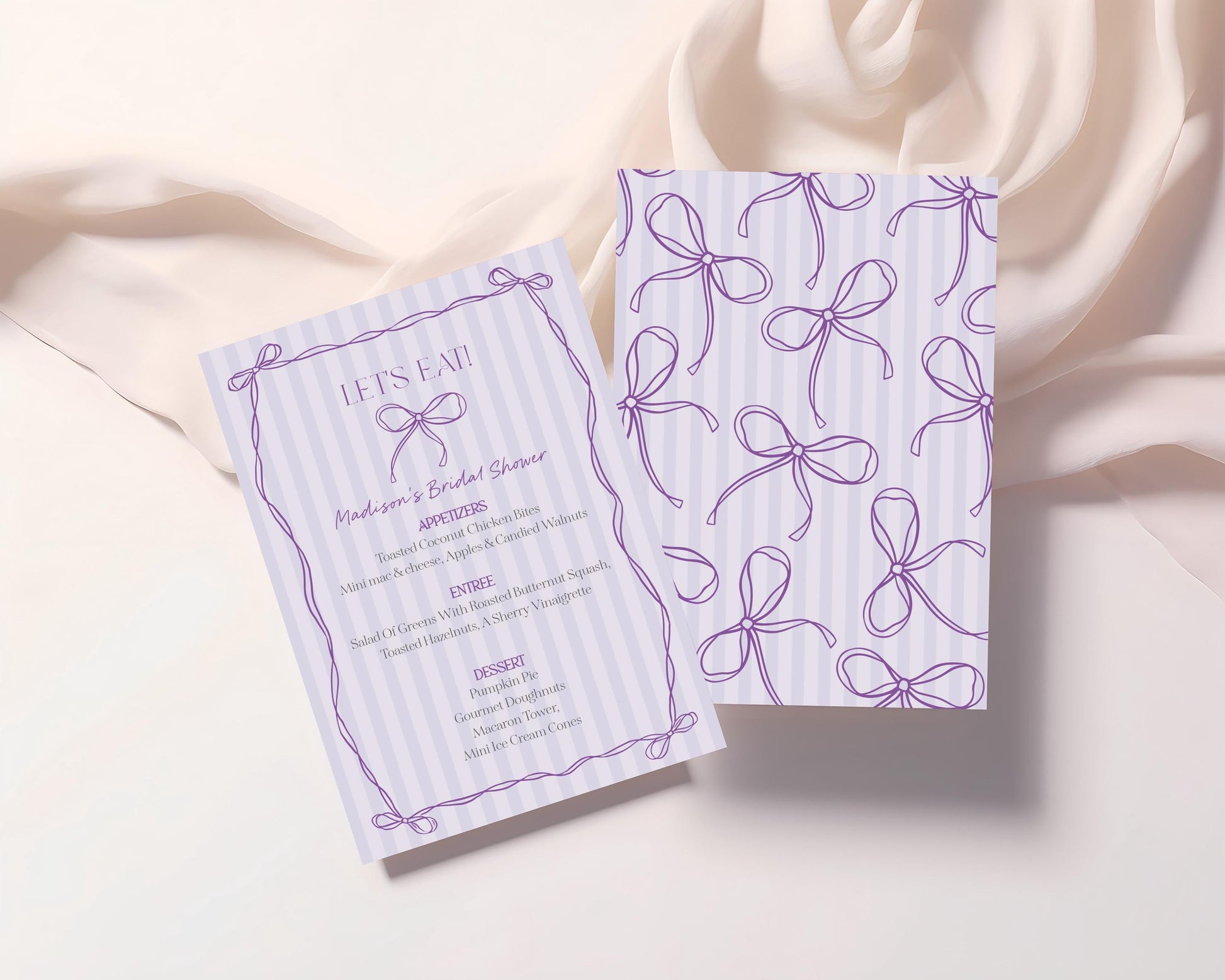 Purple Coquette Bow Menu Template, Editable Lavender Baby Shower, Printable Tying the Knot Bridal Shower DIY Birthday Decor WP1063