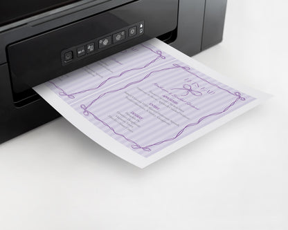 Purple Coquette Bow Menu Template, Editable Lavender Baby Shower, Printable Tying the Knot Bridal Shower DIY Birthday Decor WP1063