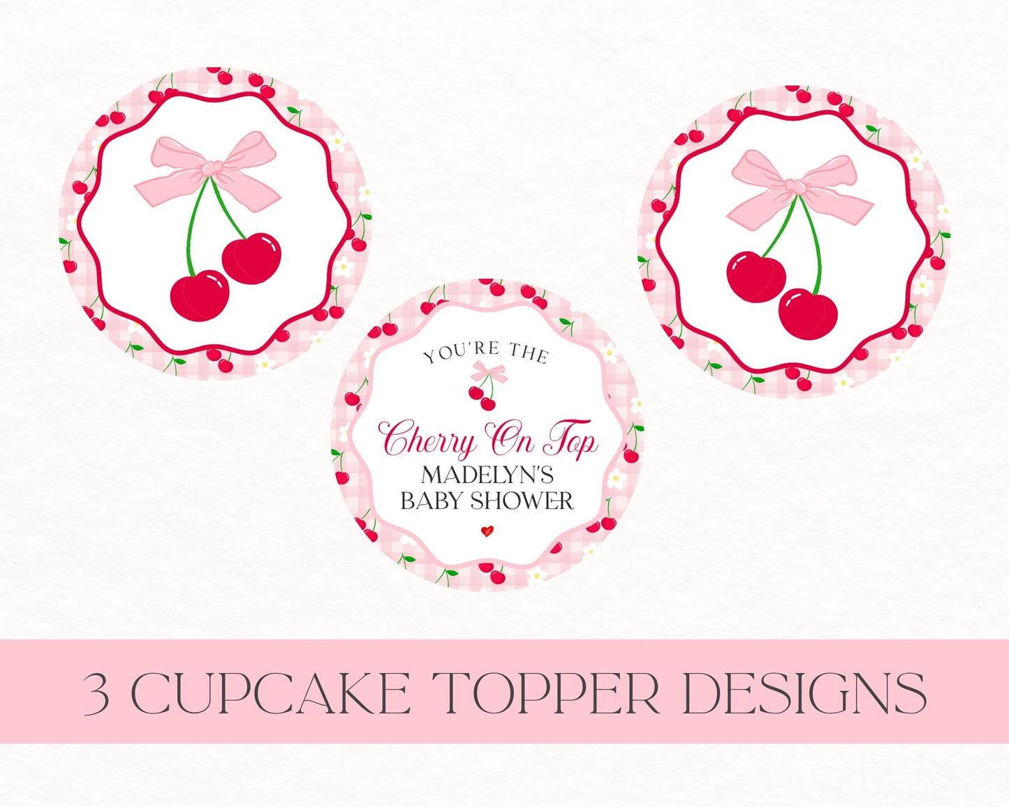 Pink Cherry Gingham Cupcake Toppers Printable, Cherry on Top Baby Shower, Pastel Pink Baby Shower Theme, Tying the Knot Bridal Shower WP1060