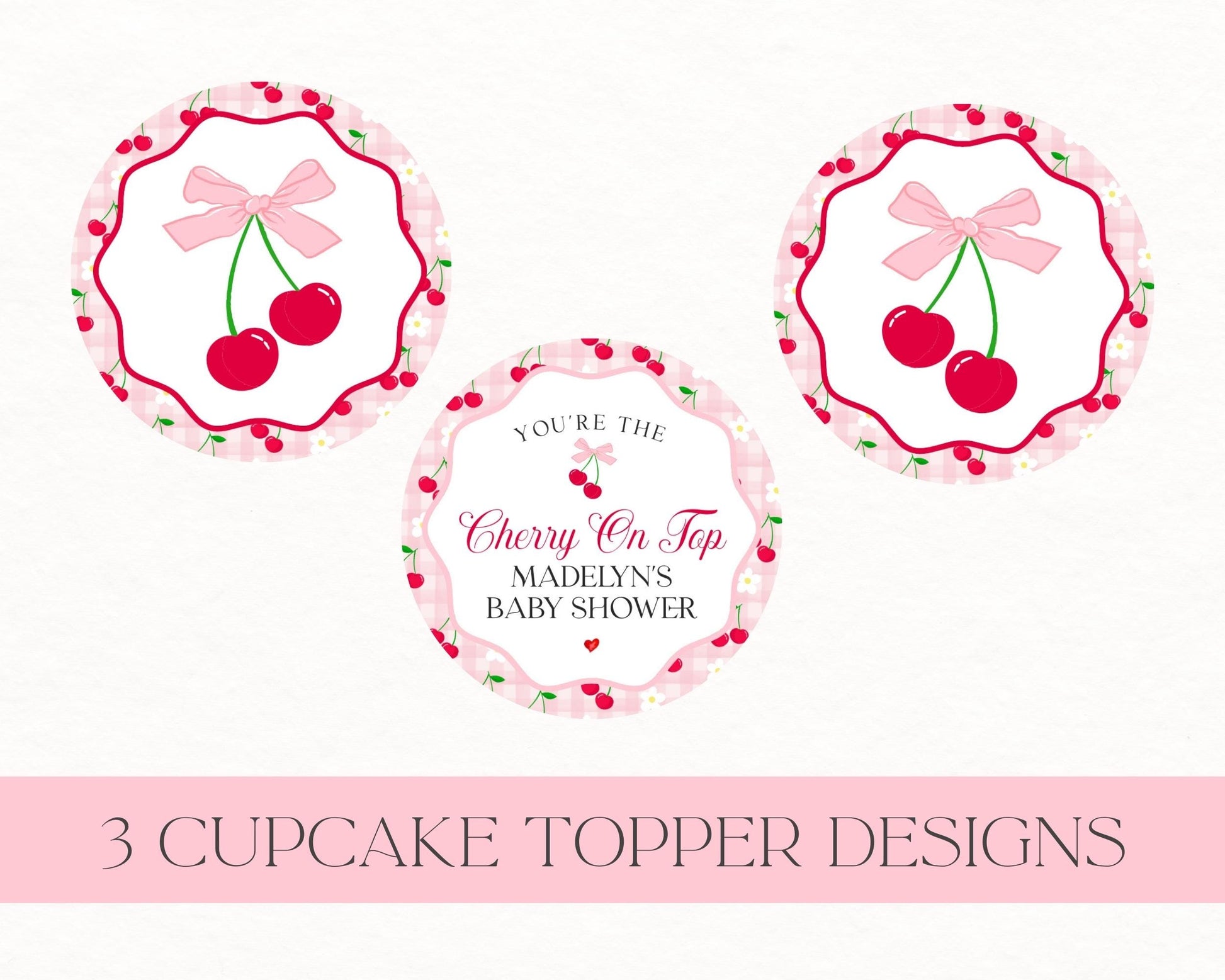 Pink Cherry Gingham Cupcake Toppers Printable, Cherry on Top Baby Shower, Pastel Pink Baby Shower Theme, Tying the Knot Bridal Shower WP1060
