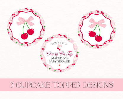 Pink Cherry Gingham Cupcake Toppers Printable, Cherry on Top Baby Shower, Pastel Pink Baby Shower Theme, Tying the Knot Bridal Shower WP1060