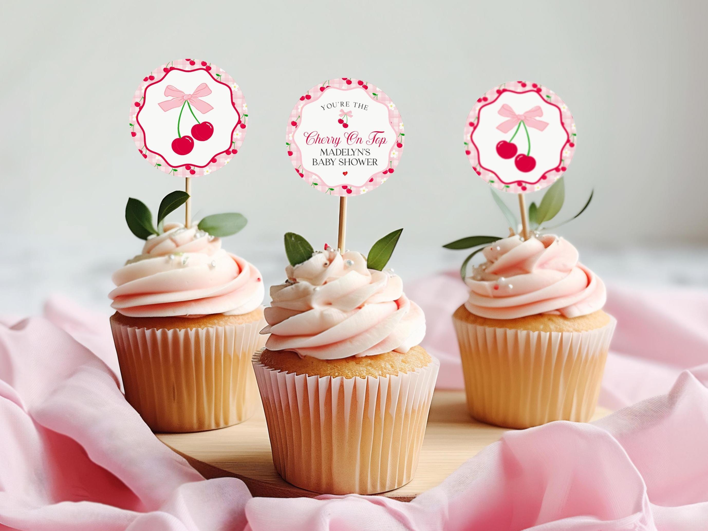 Pink Cherry Gingham Cupcake Toppers Printable, Cherry on Top Baby Shower, Pastel Pink Baby Shower Theme, Tying the Knot Bridal Shower WP1060