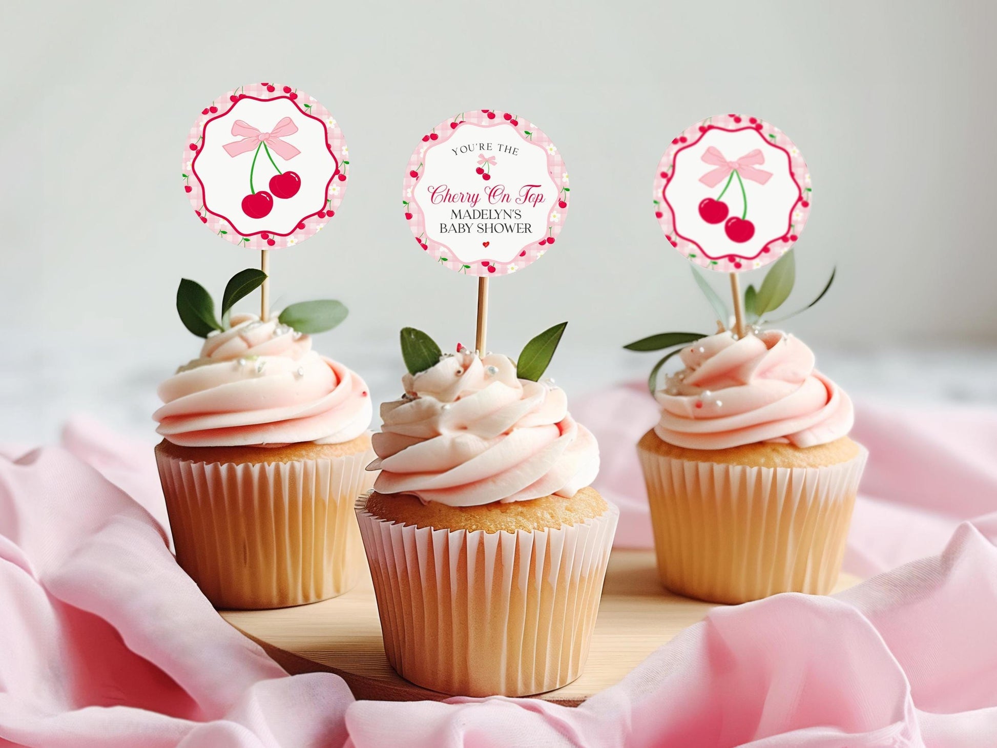Pink Cherry Gingham Cupcake Toppers Printable, Cherry on Top Baby Shower, Pastel Pink Baby Shower Theme, Tying the Knot Bridal Shower WP1060