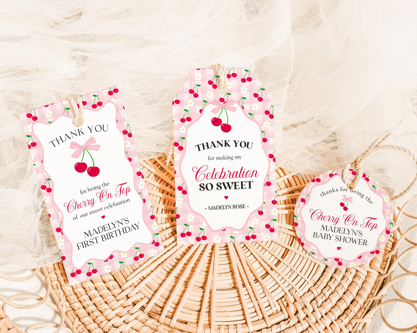 Pink Cherry Gingham Birthday Party Favor Tags Template, Sweet Coquette Cherry First Celebration, Pastel Gingham Party Favors WP1071