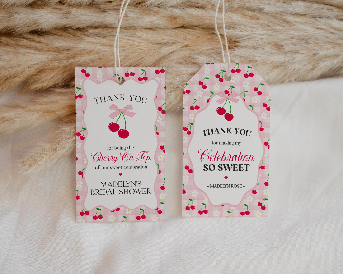 Pink Cherry Gingham Bridal Shower Favor Tags Template, Coquette Cherry Sweet Bridal Brunch, Pastel Gingham Engagement Party Favors WP1071