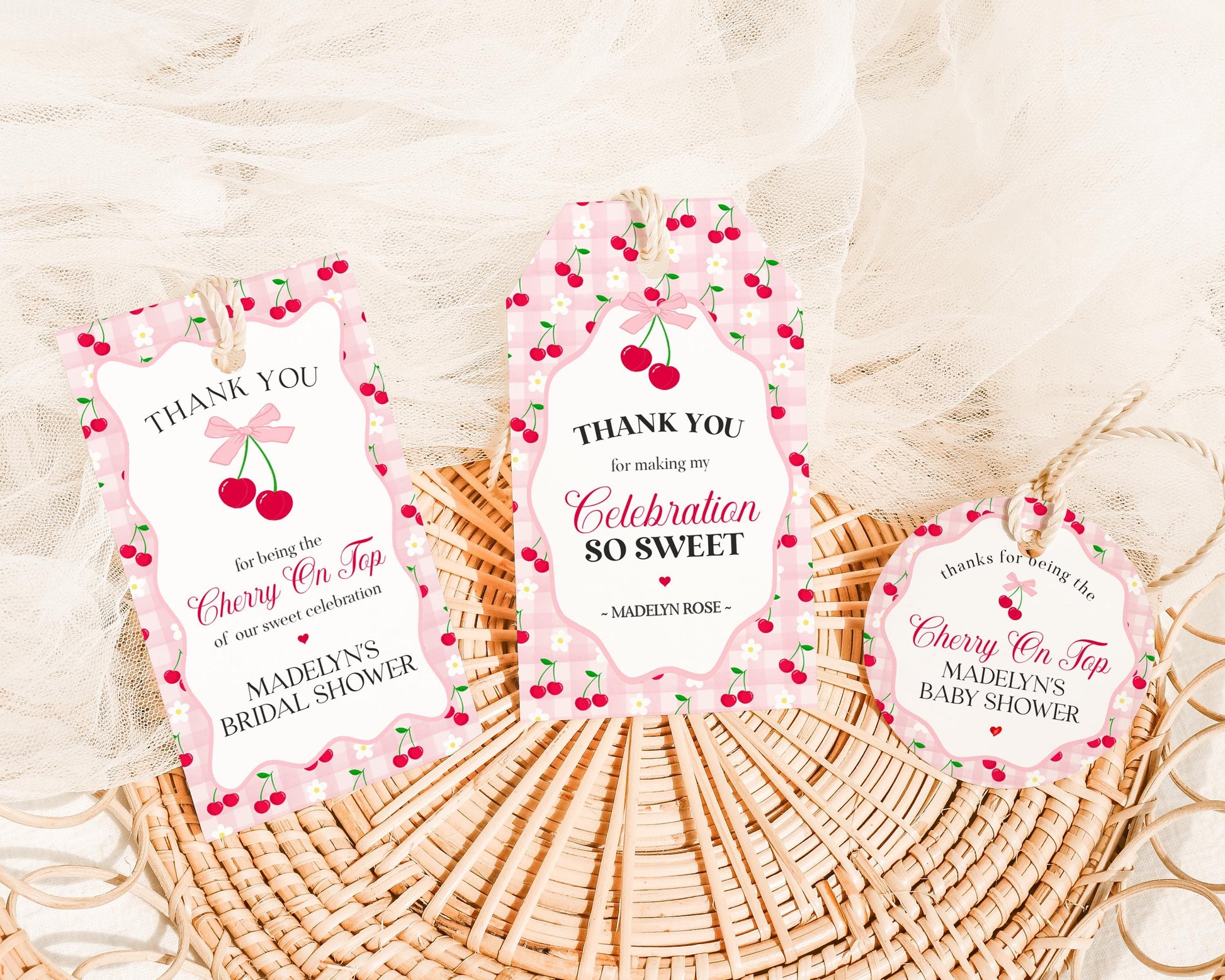 Pink Cherry Gingham Bridal Shower Favor Tags Template, Coquette Cherry Sweet Bridal Brunch, Pastel Gingham Engagement Party Favors WP1071
