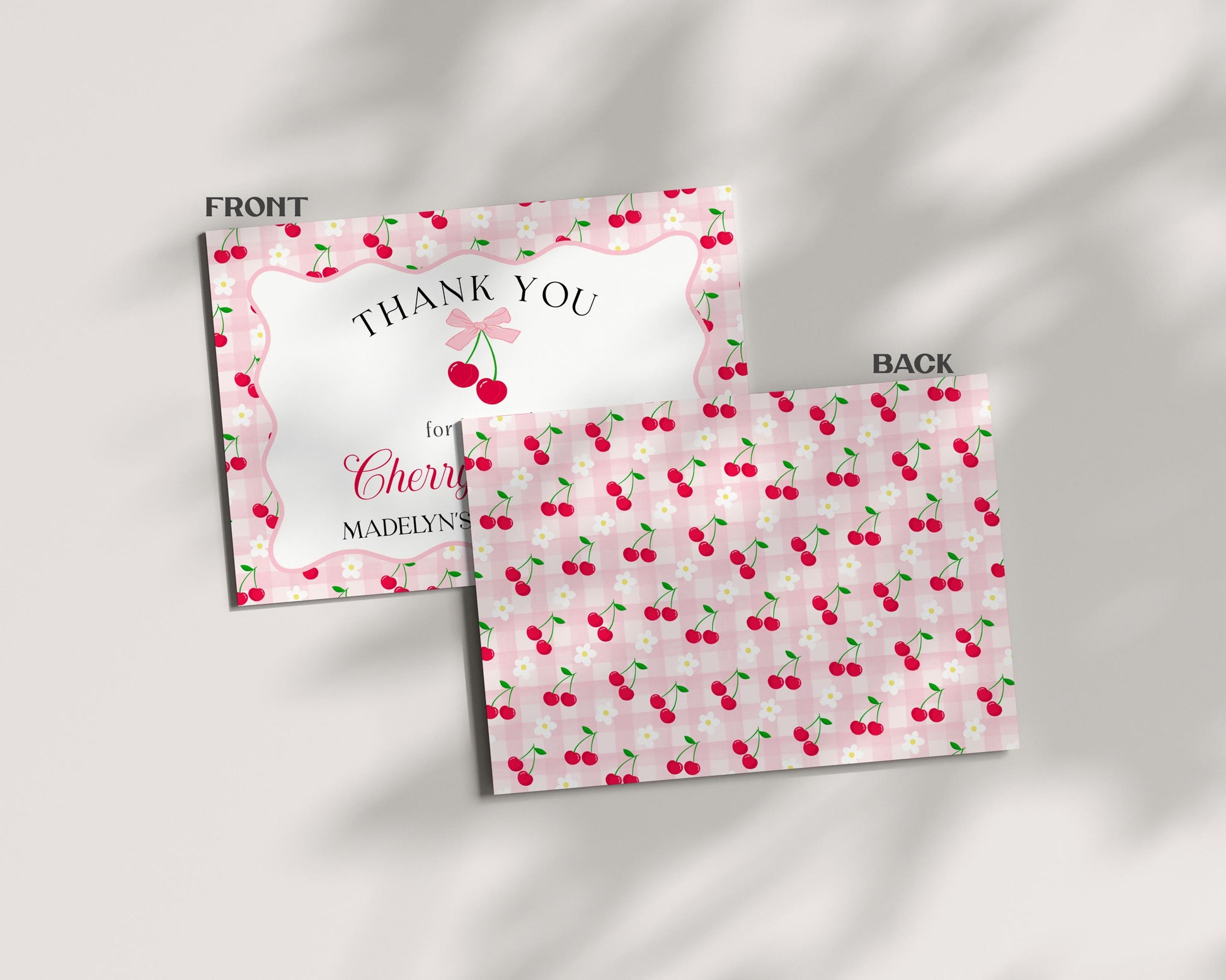 Pink Cherry Gingham Thank You Card Template, Coquette Sweet Cherry Baby Shower, Pastel Gingham Bridal Brunch, Girl Birthday Party WP1071