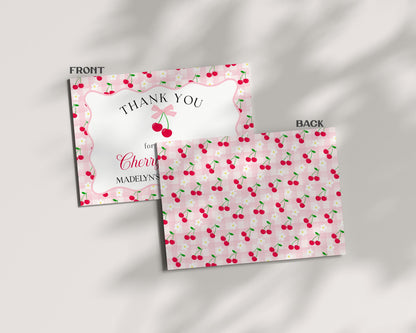Pink Cherry Gingham Thank You Card Template, Coquette Sweet Cherry Baby Shower, Pastel Gingham Bridal Brunch, Girl Birthday Party WP1071