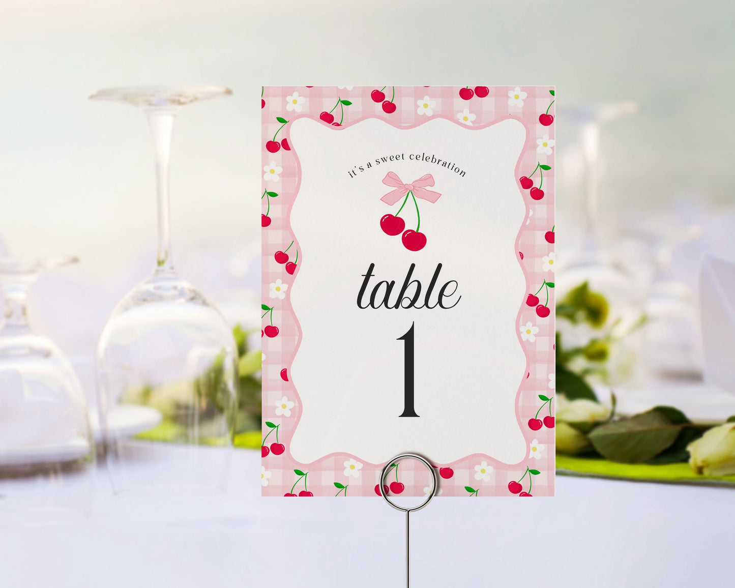 Pink Cherry Gingham Table Number Cards Template, Coquette Sweet Cherry Baby Shower, Pastel Bridal Brunch, Girl Birthday Table Decor WP1071