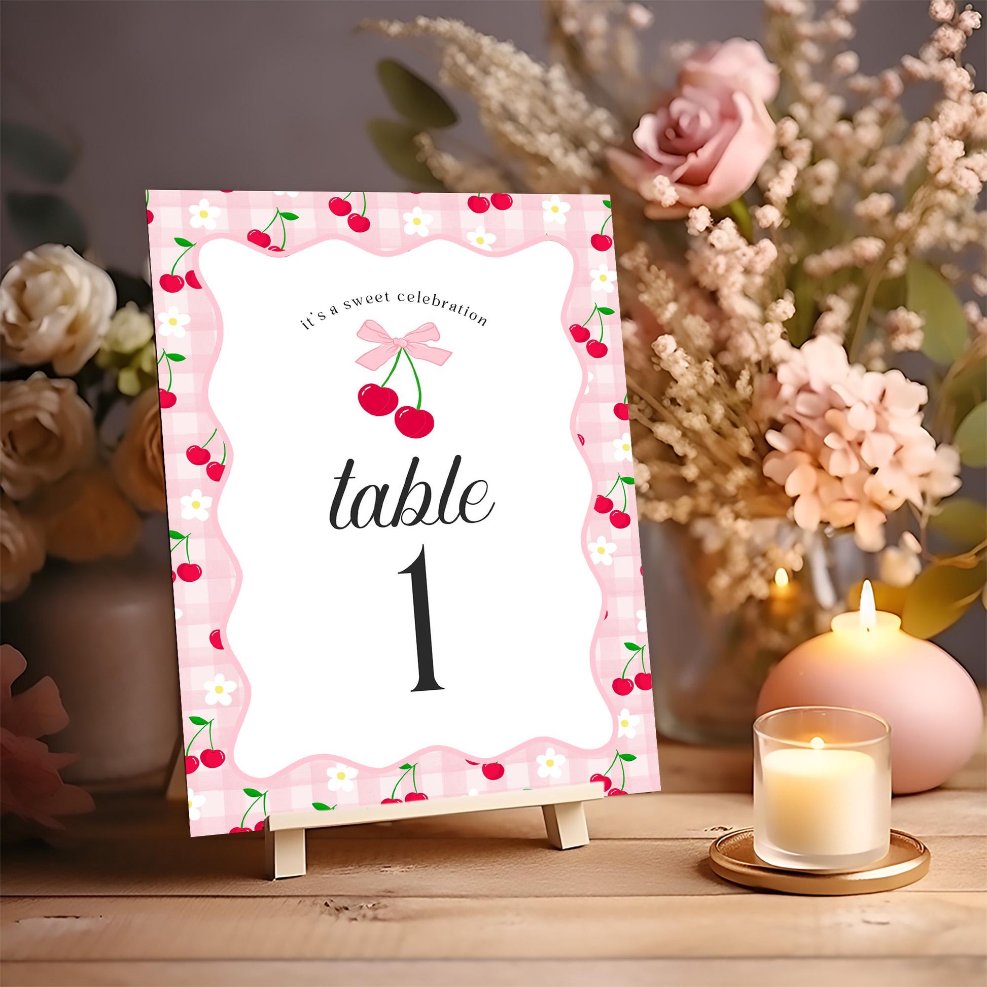 Pink Cherry Gingham Table Number Cards Template, Coquette Sweet Cherry Baby Shower, Pastel Bridal Brunch, Girl Birthday Table Decor WP1071