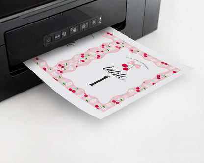 Pink Cherry Gingham Table Number Cards Template, Coquette Sweet Cherry Baby Shower, Pastel Bridal Brunch, Girl Birthday Table Decor WP1071