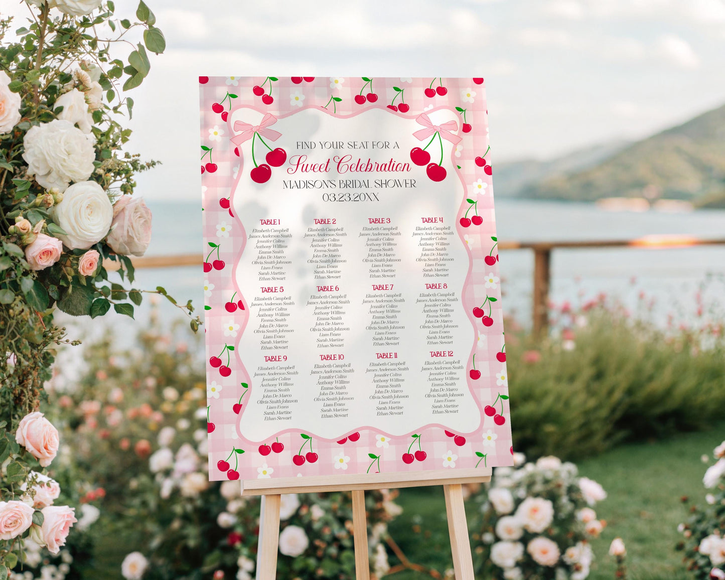 Pink Cherry Gingham Seating Chart Poster Template, Coquette Sweet Cherry Baby Sprinkle, Pastel Bridal Shower, Girl Birthday Party WP1071