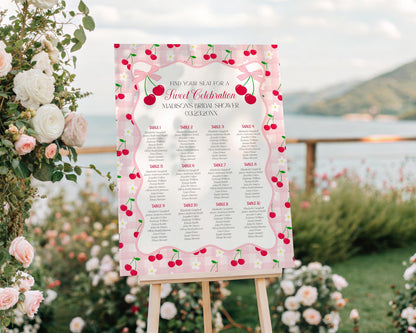 Pink Cherry Gingham Seating Chart Poster Template, Coquette Sweet Cherry Baby Sprinkle, Pastel Bridal Shower, Girl Birthday Party WP1071