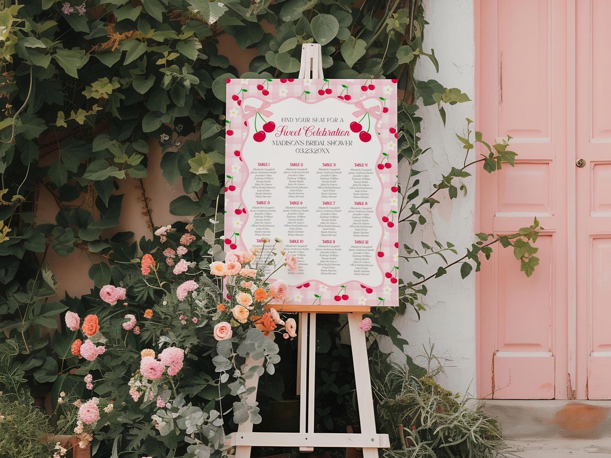 Pink Cherry Gingham Seating Chart Cards Template, Coquette Sweet Cherry Baby Sprinkle, Pastel Bridal Shower, Girl Birthday Party WP1071
