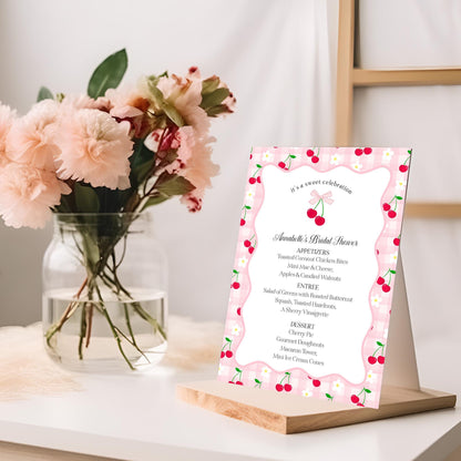 Pink Cherry Gingham Menu Template, Coquette Sweet Cherry Baby Shower, Pastel Gingham Bridal Brunch, Girl Birthday Table Decor WP1071
