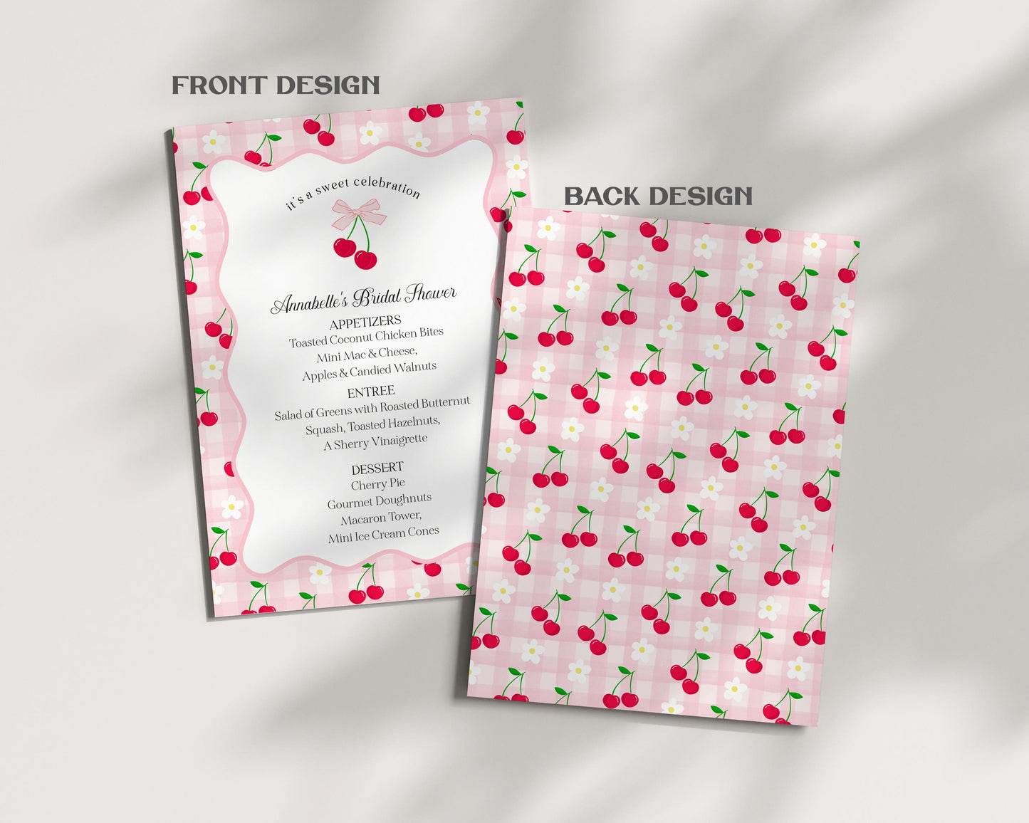 Pink Cherry Gingham Menu Template, Coquette Sweet Cherry Baby Shower, Pastel Gingham Bridal Brunch, Girl Birthday Table Decor WP1071