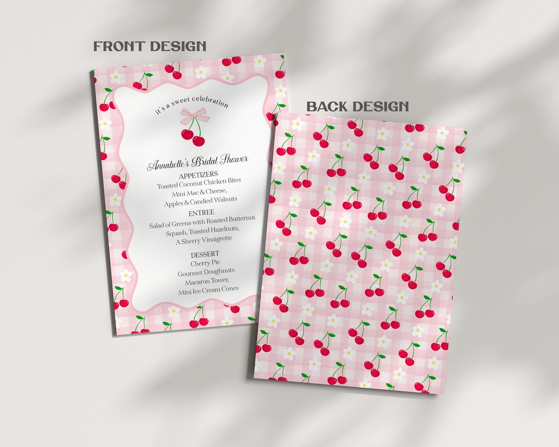 Pink Cherry Gingham Menu Template, Coquette Sweet Cherry Baby Shower, Pastel Gingham Bridal Brunch, Girl Birthday Table Decor WP1071