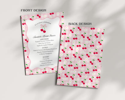Pink Cherry Gingham Menu Template, Coquette Sweet Cherry Baby Shower, Pastel Gingham Bridal Brunch, Girl Birthday Table Decor WP1071