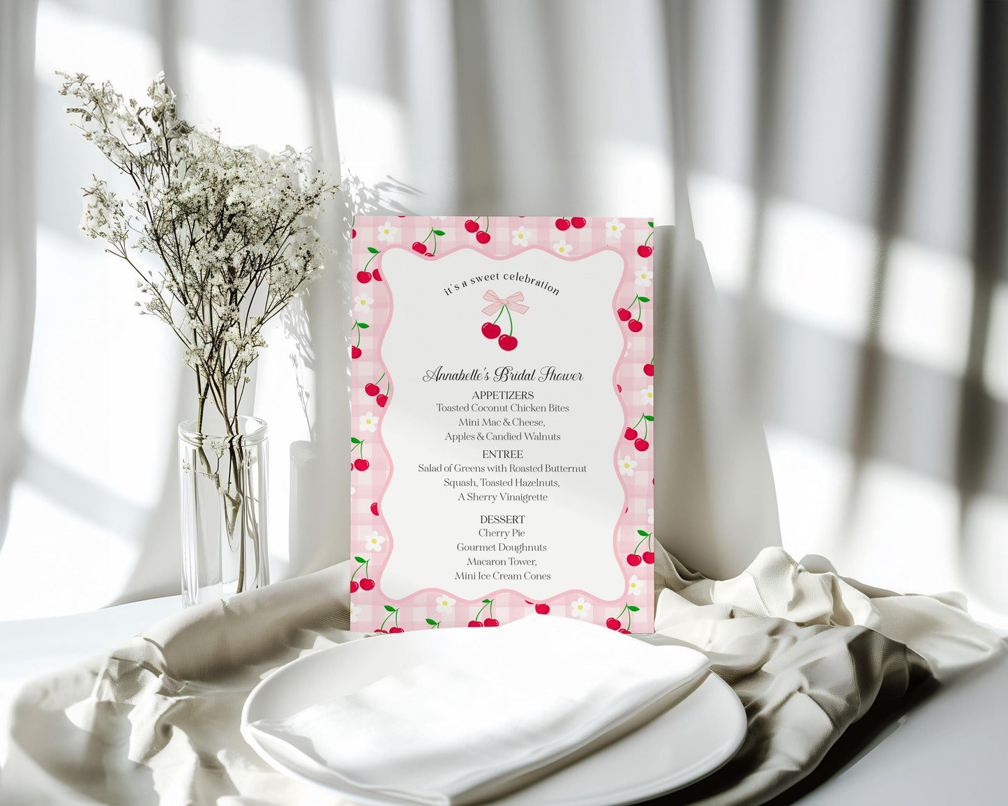 Pink Cherry Gingham Menu Template, Coquette Sweet Cherry Baby Shower, Pastel Gingham Bridal Brunch, Girl Birthday Table Decor WP1071