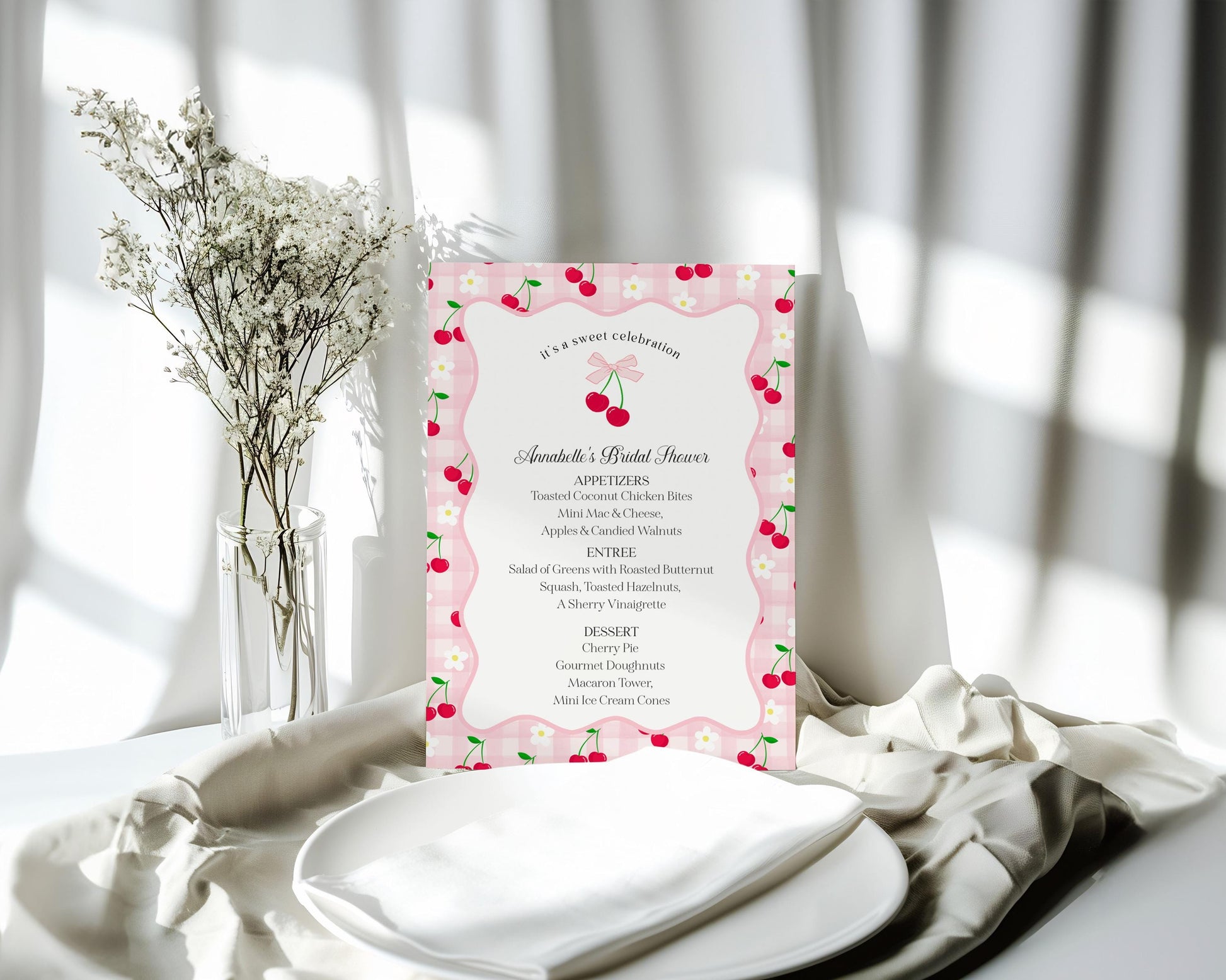 Pink Cherry Gingham Menu Template, Coquette Sweet Cherry Baby Shower, Pastel Gingham Bridal Brunch, Girl Birthday Table Decor WP1071