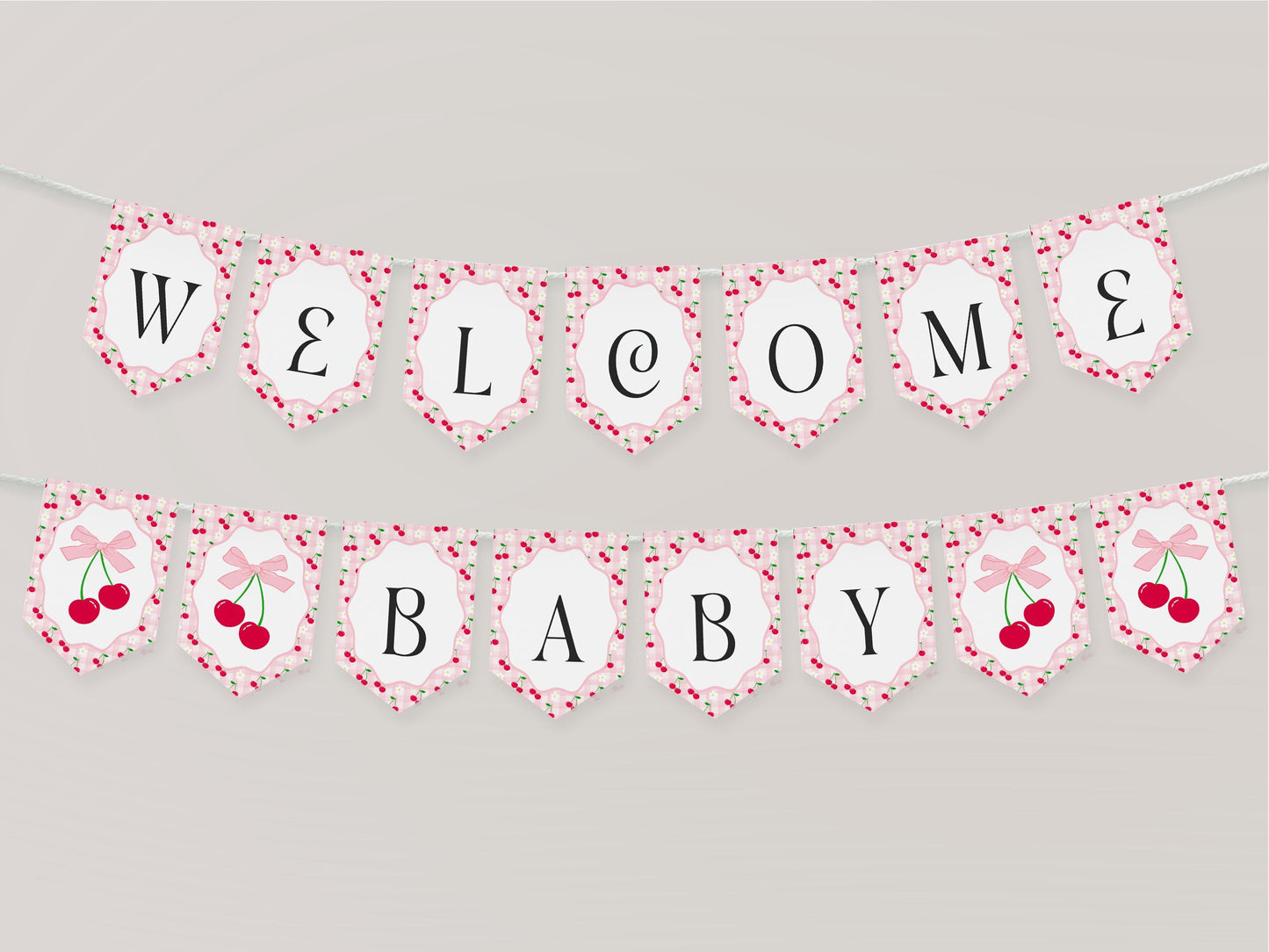 Pink Cherry Gingham Baby Shower Banner Template, Coquette Sweet Cherry on Top Baby Sprinkle, Pastel Gingham Nesting Party Decor WP1071