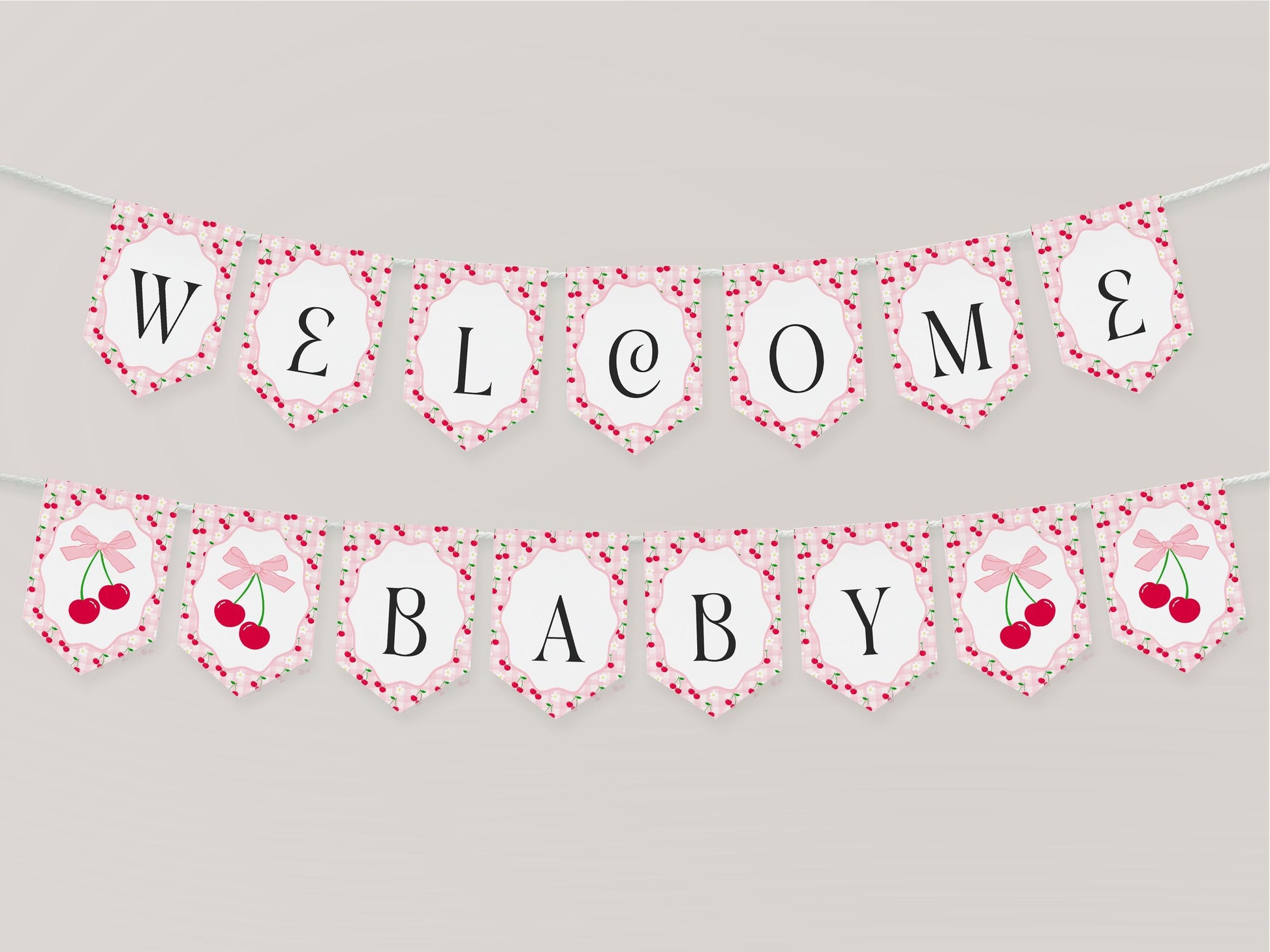 Pink Cherry Gingham Baby Shower Banner Template, Coquette Sweet Cherry on Top Baby Sprinkle, Pastel Gingham Nesting Party Decor WP1071