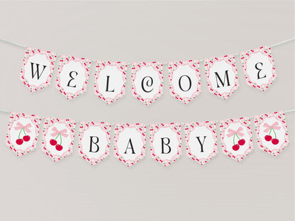 Pink Cherry Gingham Baby Shower Banner Template, Coquette Sweet Cherry on Top Baby Sprinkle, Pastel Gingham Nesting Party Decor WP1071