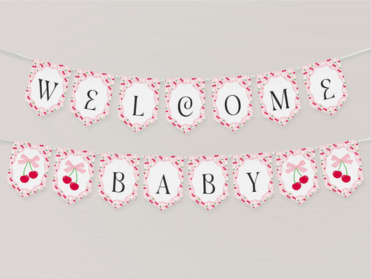 Pink Cherry Gingham Baby Shower Banner Template, Coquette Sweet Cherry on Top Baby Sprinkle, Pastel Gingham Nesting Party Decor WP1071