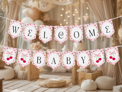 Pink Cherry Gingham Baby Shower Banner Template, Coquette Sweet Cherry on Top Baby Sprinkle, Pastel Gingham Nesting Party Decor WP1071