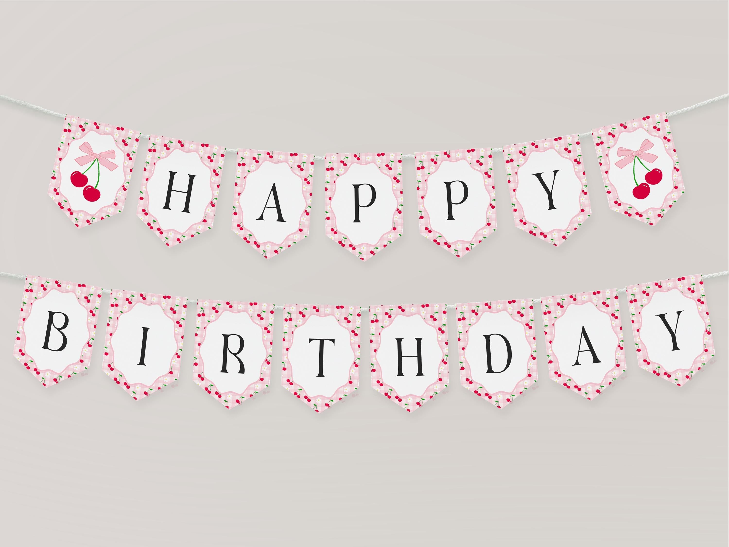 Pink Cherry Gingham Birthday Banner Template, Sweet Coquette Bow Cherry First Celebration, Pastel Gingham Party Decor WP1071