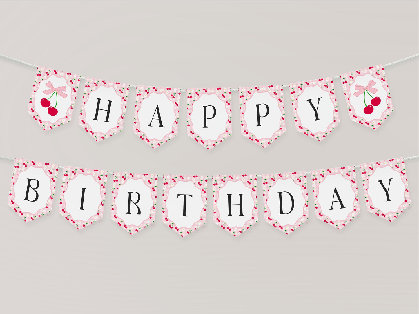 Pink Cherry Gingham Birthday Banner Template, Sweet Coquette Bow Cherry First Celebration, Pastel Gingham Party Decor WP1071