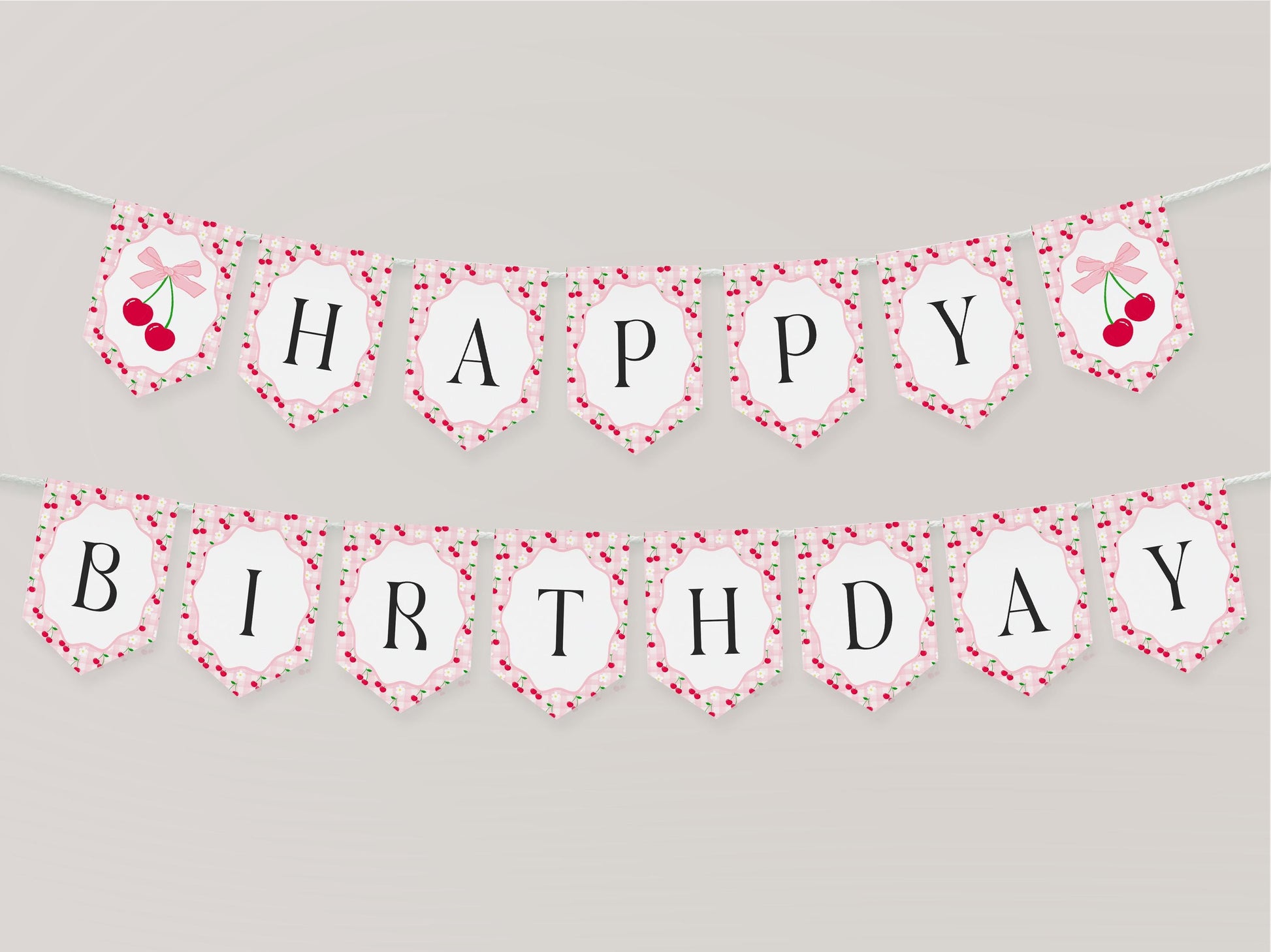 Pink Cherry Gingham Birthday Banner Template, Sweet Coquette Bow Cherry First Celebration, Pastel Gingham Party Decor WP1071