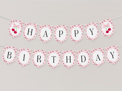 Pink Cherry Gingham Birthday Banner Template, Sweet Coquette Bow Cherry First Celebration, Pastel Gingham Party Decor WP1071
