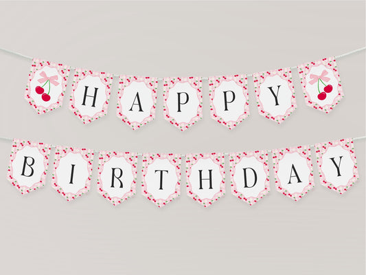 Pink Cherry Gingham Birthday Banner Template, Sweet Coquette Bow Cherry First Celebration, Pastel Gingham Party Decor WP1071