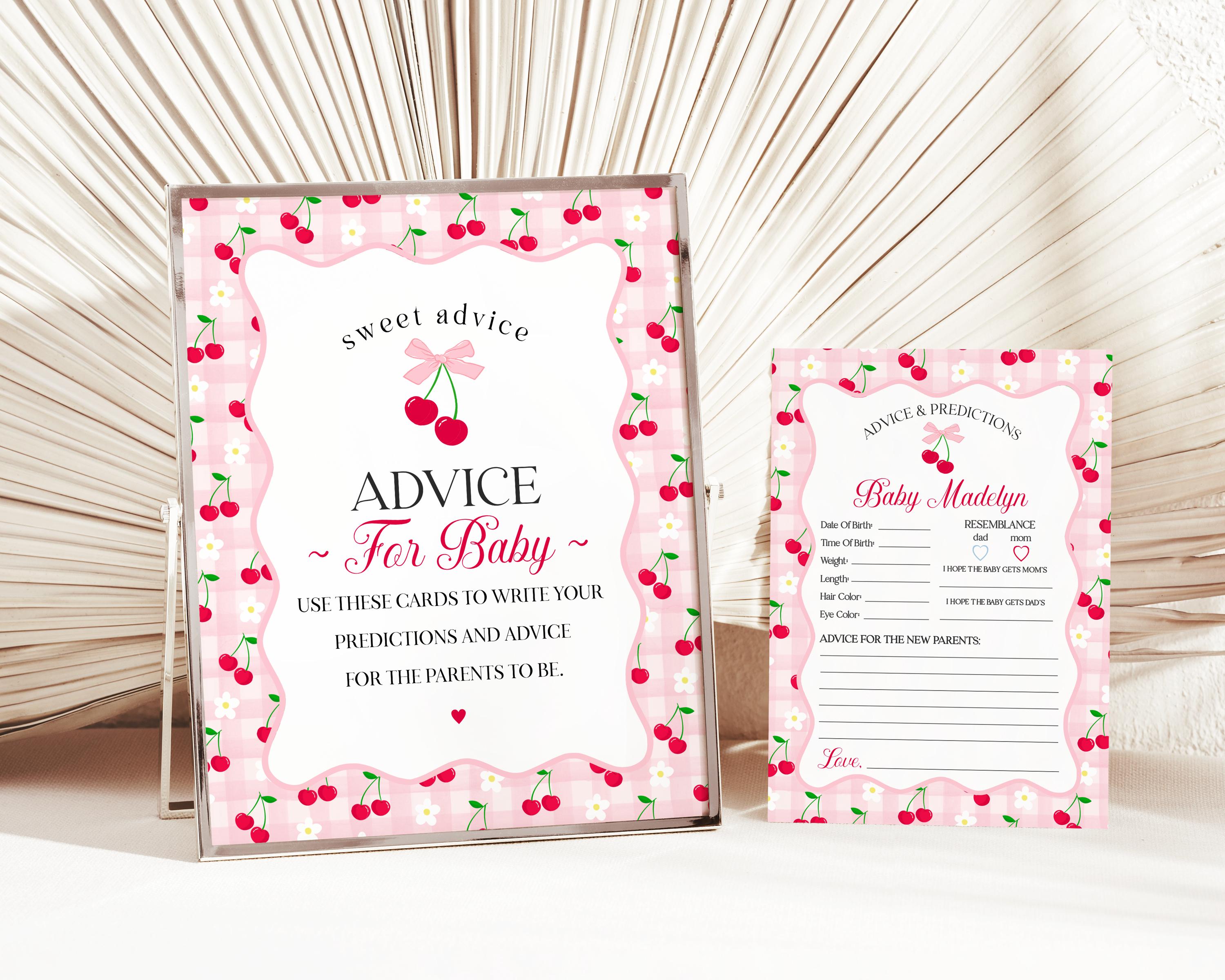Pink Cherry Gingham Advice for Baby Cards Template, Coquette Sweet Cherry on Top Baby Sprinkle, Pastel Gingham Nesting Party Decor WP1071