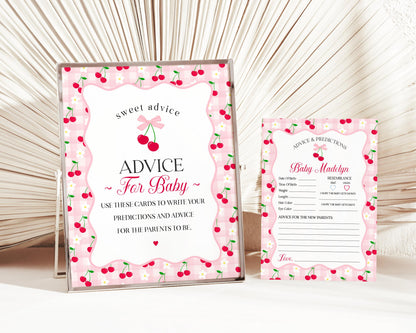 Pink Cherry Gingham Advice for Baby Cards Template, Coquette Sweet Cherry on Top Baby Sprinkle, Pastel Gingham Nesting Party Decor WP1071