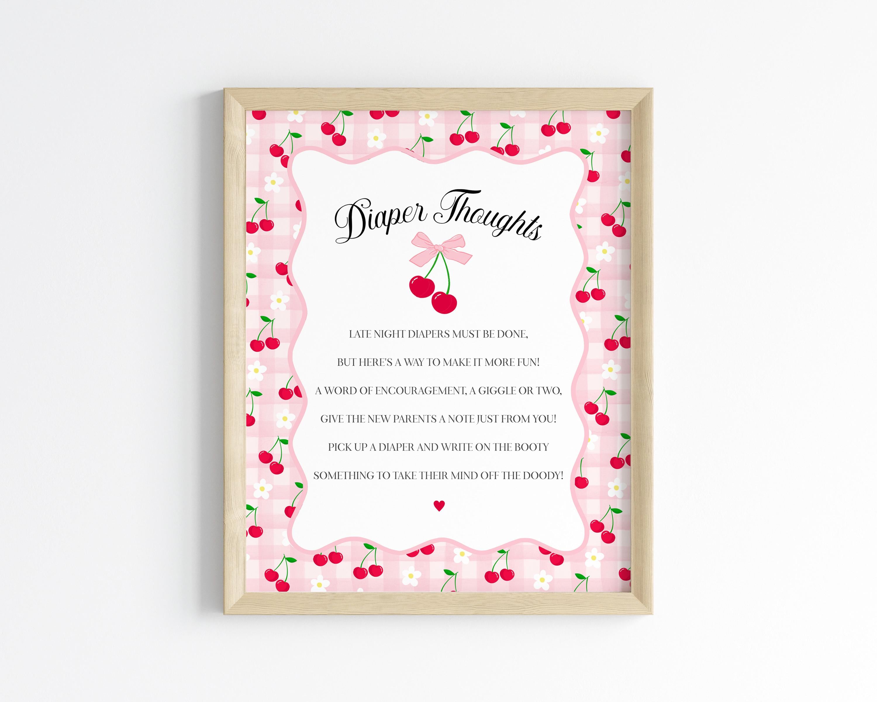 Pink Cherry Gingham Baby Shower Diaper Thoughts Sign Template, Coquette Cherry on Top Baby Sprinkle Game, Pastel Nesting Party WP1071