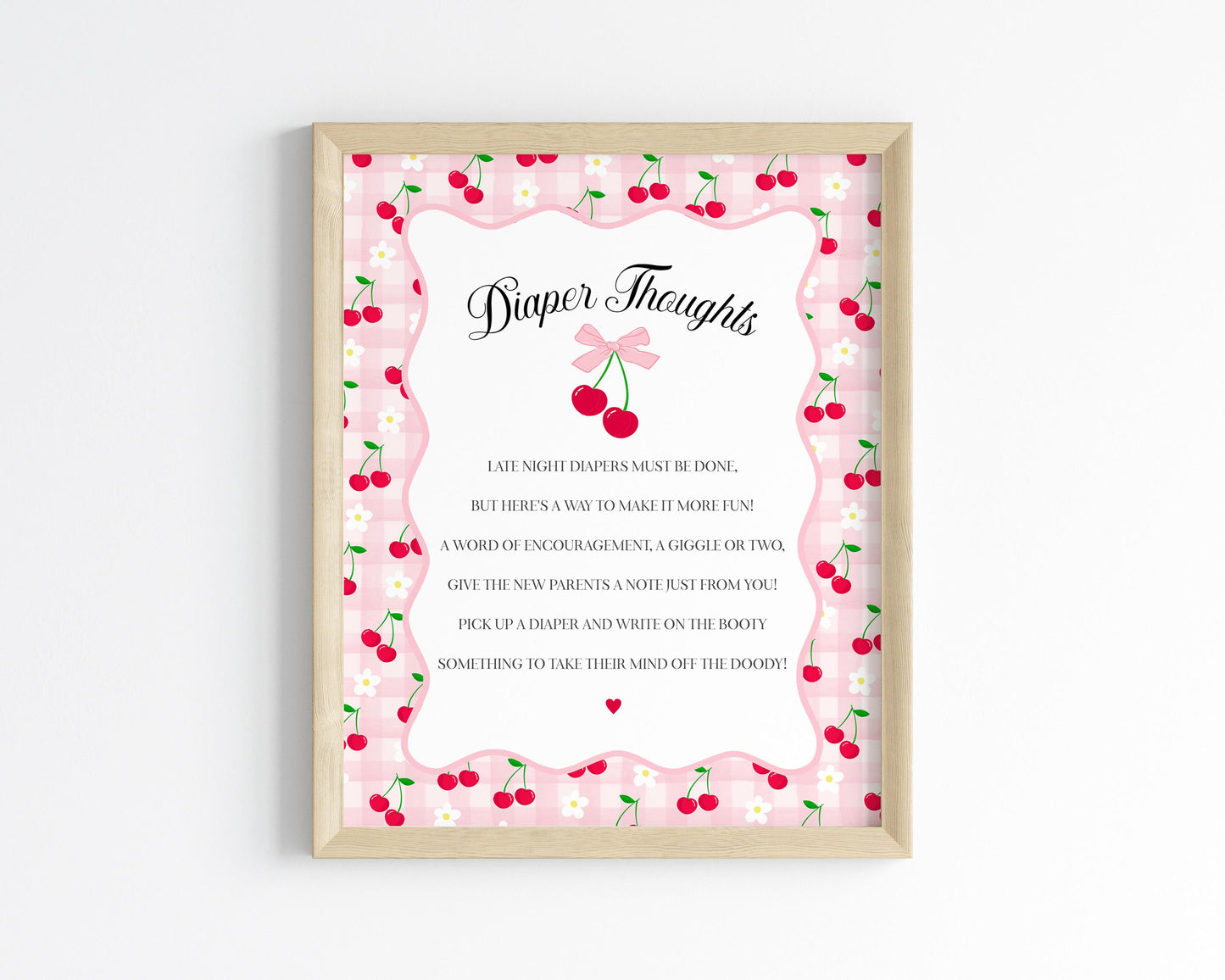 Pink Cherry Gingham Baby Shower Diaper Thoughts Sign Template, Coquette Cherry on Top Baby Sprinkle Game, Pastel Nesting Party WP1071