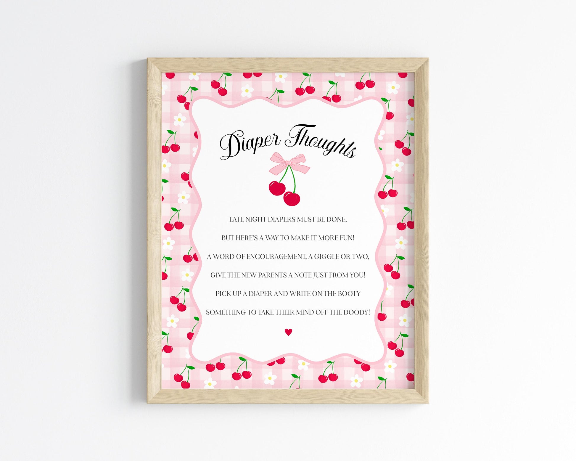Pink Cherry Gingham Baby Shower Diaper Thoughts Sign Template, Coquette Cherry on Top Baby Sprinkle Game, Pastel Nesting Party WP1071