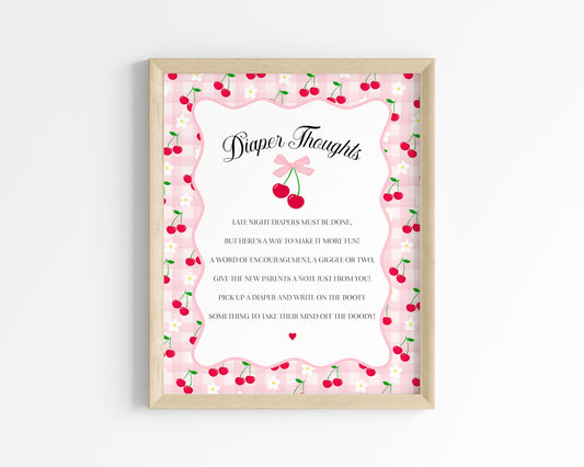 Pink Cherry Gingham Baby Shower Diaper Thoughts Sign Template, Coquette Cherry on Top Baby Sprinkle Game, Pastel Nesting Party WP1071