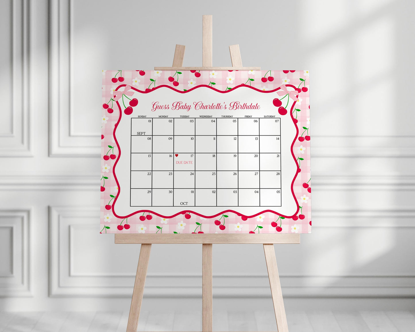 Pink Cherry Gingham Baby Shower Guess the Date Game Template, Coquette Sweet Cherry on Top Baby Sprinkle, Pastel Nesting Party WP1071
