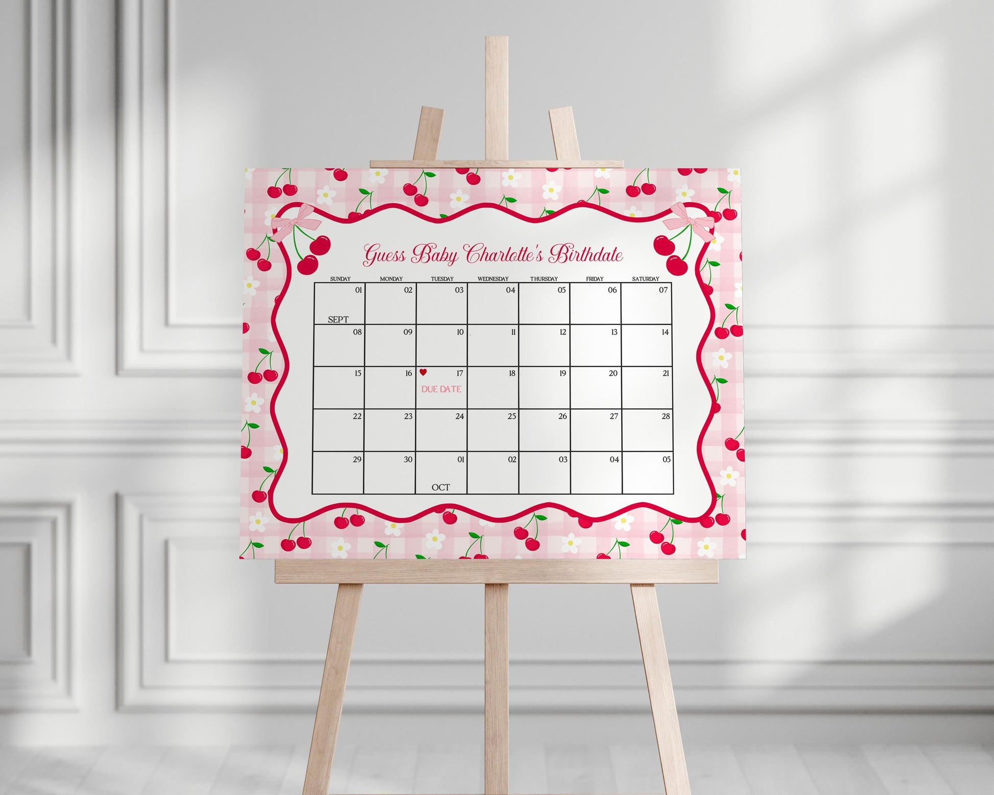 Pink Cherry Gingham Baby Shower Guess the Date Game Template, Coquette Sweet Cherry on Top Baby Sprinkle, Pastel Nesting Party WP1071
