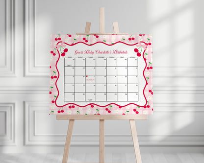 Pink Cherry Gingham Baby Shower Guess the Date Game Template, Coquette Sweet Cherry on Top Baby Sprinkle, Pastel Nesting Party WP1071