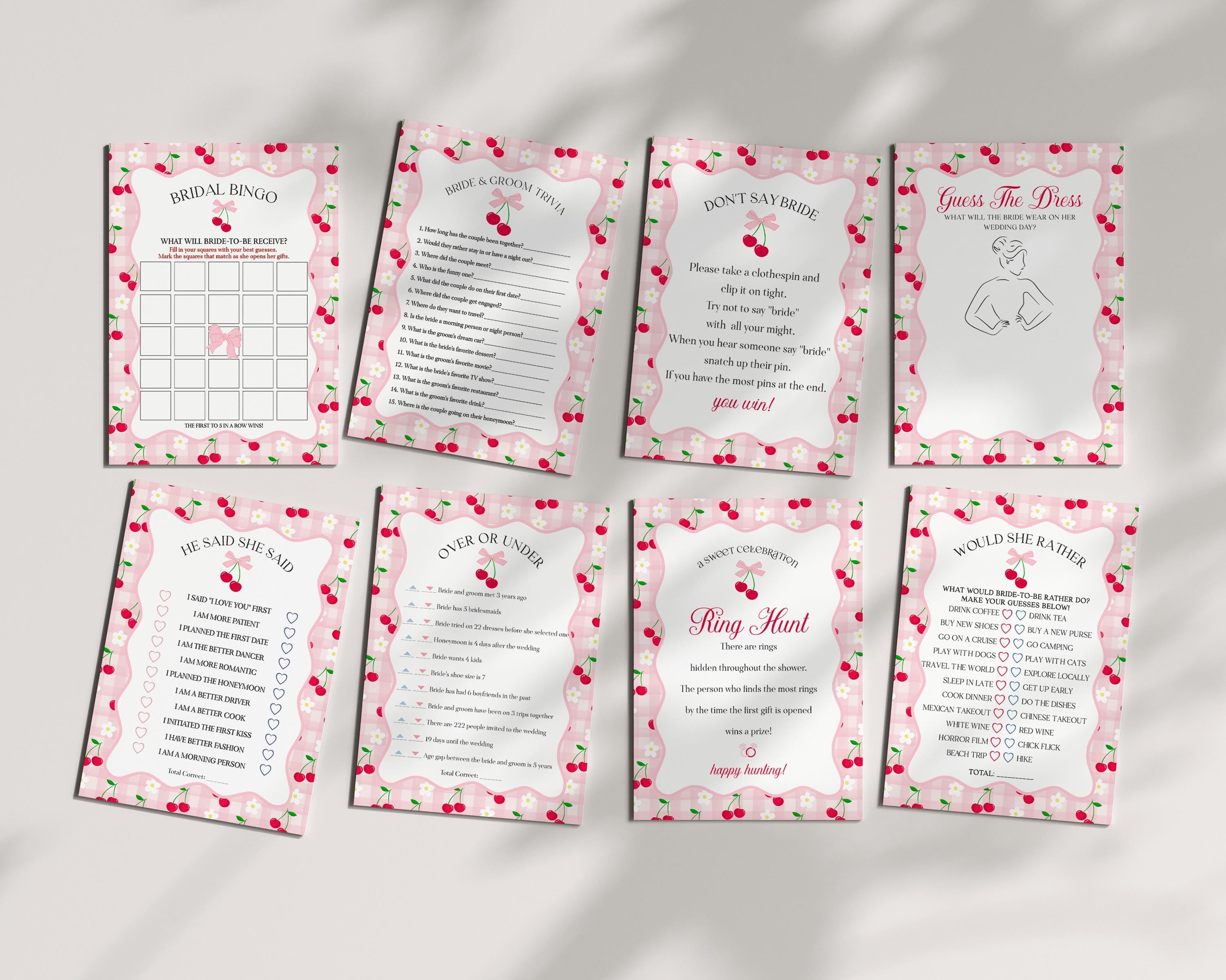 Pink Cherry Gingham Bridal Shower Games Set Template, Coquette Cherry Sweet Bridal Brunch, Pastel Engagement Party Decor WP1071