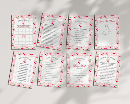 Pink Cherry Gingham Bridal Shower Games Set Template, Coquette Cherry Sweet Bridal Brunch, Pastel Engagement Party Decor WP1071