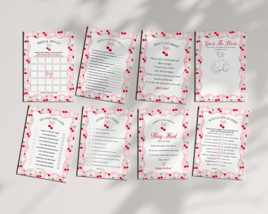 Pink Cherry Gingham Bridal Shower Games Set Template, Coquette Cherry Sweet Bridal Brunch, Pastel Engagement Party Decor WP1071